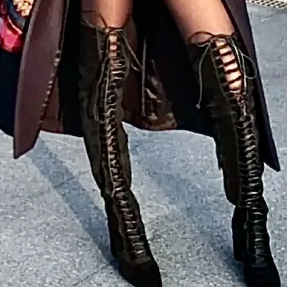 H&M Lace Up Black Over the Knee Thigh High Boots Size 6